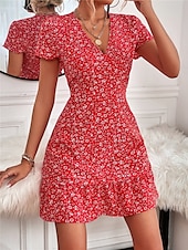 abordables Robes fleuries-Femmes Mini Robe Robe trapèze Occasionnel Extérieur Sortir Coupe Standard Fleuri Manche Courte Col en V Noir Rouge Bleu Abricot Été