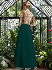 levne Délka podlahy-Třpytkové krajkové zlaté A-line šaty matky nevěsty Elegantní vintage jednoduché výstřih do V podlahové délky svatební host šaty chiffon krajka s rukávem 3/4 s flitrovanou krajkou a nařasenými detaily