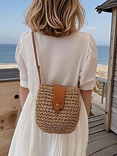 tanie Torby na ramię-damska pleciona słomiana torba typu crossbody ze skórzanym paskiem - szykowna torebka w stylu boho na lato, plażę i niezobowiązujące wyjścia