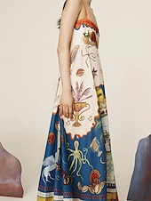 cheap Print Cotton &amp; Linen Dresses-Women&#039;s Long Dress Maxi Dress Cotton Linen Dresses Casual Dress Fashion Outdoor Party Holiday Regular Fit Color Block Sleeveless Spaghetti Strap Orange Summer