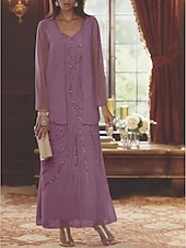 abordables Avec veste-Robe Mère de la Mariée Coupe Deux Pièces à la Plage Invité de Mariage Élégant Étincelle  Brillance Encolure en V Longueur Cheville Chiffon Sequins Manches Longues avec Sequins 2025 taille