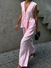 preiswerte Sets-Damen Aktiv Mode Baumwoll-Leinen-Hemden Bluse Hosen-Sets Ärmellos V Ausschnitt Einfarbig Dubbele Rij Knopen Urlaub Alltagstauglich Schwarz Rosa Leicht Blau Sommer Normale Passform
