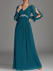 cheap Floor Length-A-Line Mother of the Bride Dress Wedding Guest Elegant V Neck Floor Length Chiffon Long Sleeve with Beading Appliques Ruching