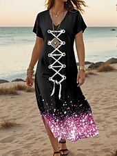 tanie Sztuka i projektowanie sukien-Damskie Sukienka midi Sukienka t-shirtowa Sukienka letnia Sukienka A line Urlop Codzienny Boho Na zewnątrz Impreza Wyjściowe Luźny / a Ombre Graficzny Abstrakcja Krótki rękaw W serek Rumiany róż Lato