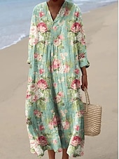 abordables Robes Rayés et Géométriques-Femmes Robe Midi Robe d&#039;Été Robe trapèze Vacances Occasionnel Boho Soirée Sortir Plage Fleuri Graphique manche longue Col en V Rose Claire Blanche Vert Claire Rose Claire Été Printemps