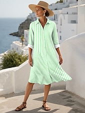 abordables Robe Rayée et Géométrique-Femmes Robe Midi Robe fourreau Occasionnel Date Coupe régulière Graphique Rayé manche longue Col de chemise Rose Claire Bleu Violet Vert Été Automne