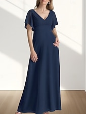 preiswerte Bodenlänge-A-Linie Brautmutterkleid Hochzeitsgast Elegant Süß V Ausschnitt Bodenlang Chiffon Kurzarm mit Raffung 2025
