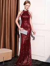 voordelige Grijs-Zeemeermin  Trompet Quinceañera Jurken Elegante Jurk Formele Bruiloft Vloerlengte Mouwloos Halter Nek Polyester met Pailletten