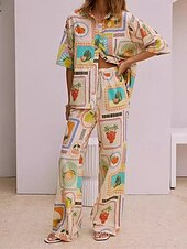 economico Set in cotone e lino-Per donna Moda Streetwear Camicie di cotone e lino Set di biancheria in cotone Set di Pantaloni Manica Corta Colletto a Camicia Frutta Stampato Abbigliamento quotidiano Data Cachi Estate Vestibilit