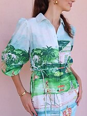 abordables concevoir des robes en coton et lin-Femmes Robe Longue Maxi Robe Robes en coton et lin Robe Décontractée Mode Extérieur Soirée Fête Coupe régulière Paysage Manche 3/4 Col de chemise Vert Été
