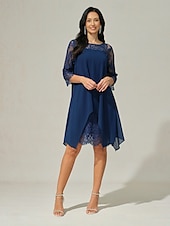 abordables Robe Simple-robe d&#039;invitée de mariage pour femme robe unie robe midi dentelle mousseline patchwork décontracté col rond manches 3/4 robes de cocktail robes formelles couleur bleue