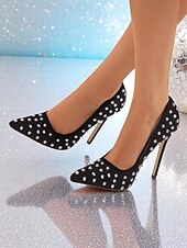 ieftine Petrecere de noapte-tocuri stiletto negre pentru femei cu accesorii cu ținte - tocuri înalte cu vârful ascuțit pentru petreceri în viața de noapte și cluburi