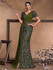 abordables Robes de bal-Robes de Quinceanera A-Line Robe élégante Mariage formel Longueur au sol Manches courtes Col en V Pailletée avec sequins
