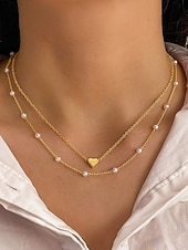 abordables Collier pour femme-Ensemble collier et bracelet pendentif cœur en or pour femme – chaîne délicate à plusieurs niveaux avec perles, bijoux romantiques élégants pour cadeaux, mariages et usage quotidien
