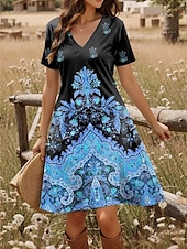 ieftine Rochii boho-Rochie mini pentru femei, rochie tip tricou, rochie de vară, rochie de vacanță, casual, boho, zi de zi, ieșire în oraș, croială regulată, model paisley, mânecă scurtă, decolteu în V, albastru, violet,