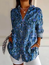 cheap Boho Tops-Women&#039;s Shirt Floral Graphic Paisley Bohemia Vintage Western Long Sleeve Shirt Collar Regular Tops Daily Holiday Vacation Wear Buttons Print Maroon Blue Rose Pink Summer Spring