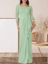 levne Délka podlahy-Sloupec  Sloupové šaty matky nevěsty Svatební Host Elegantní Čtvercový Krk Délka Podlahy Chiffon Krajka 3/4 Dlouhý Rukáv s Krajkovým Páskem  Stuhou Krepováním