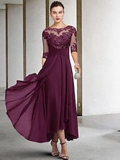 voordelige Vloerlengte-A-Lijn Moeder van de Bruid Jurk Bruidsgast Elegant Plus Size Hoog Laag V-Hals Asymmetrisch Enkel Lengte Chiffon Kant Halve Mouw met Beading Applicaties gratis maatwerk