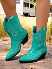 levne Cowboy &amp; Western Boots-Dámské tyrkysové kovbojské boty z umělé kůže, westernové, s vyšívanou špičatou špičkou, do poloviny lýtek, vhodné pro outfity ve venkovském stylu, rodea a venkovní akce.