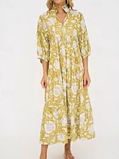 abordables Robes fleuries décontractées-Femmes Robe Midi Robe Décontractée Robe Fleurie Robe Imprimée Mode Moderne Vacances Fête Sortir Coupe régulière Fleur Manche 3/4 Col de chemise Jaune clair Été