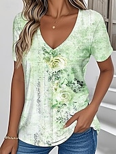 abordables T-shirt floral-Femmes T-shirt Fleuri Graphique ancien Élégant Classique Manche Courte Col en V Hauts Réguliers Quotidien Imprimé Bleu Violet Vert Blanc Ecru Été Printemps