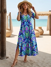 olcso Boho ruhák-Női Midi ruha Nyári ruha A vonalú ruha Szabadság Alkalmi Boho Pillangó Tengerpart Normál Grafika Törzsi Rövid ujjú Kerek nyakkivágás Világoskék Fekete arany Fekete Világoszöld Nyár Tavasz