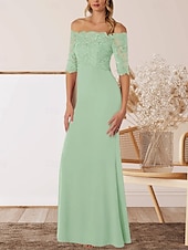 cheap Floor Length-A-Line Mother of the Bride Dress Wedding Guest Elegant Off Shoulder Floor Length Chiffon Half Sleeve with Lace