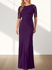 voordelige Vloerlengte-Zeemeermin  Trompet Moeder Van De Bruid Jurk Bruiloft Gast Elegante Crew Hals Vloerlengte Chiffon Halve Mouw Met Applicaties