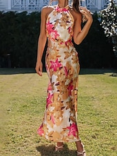 cheap Print Floral Dresses-Women's Long Dress Maxi Dress Floral Dress Halter Neck Dress Fashion Modern Vacation Going out Weekend Regular Fit Flower Sleeveless Halter Neck Yellow Pink Green Summer