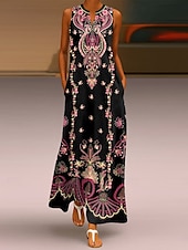 preiswerte Boho Kleider-Damen Maxikleid Sommerkleid A Linie Kleid Urlaub Lässig Boho Täglich Ferien Lässiger Schnitt Blumen Grafik Stammes Ärmellos V Ausschnitt Fuchsie Sommer