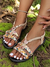 tanie Płaskie sandały-damskie sandały boho z plecionym paskiem – wygodne płaskie letnie buty z akcentami z kamieni szlachetnych na plażę, wakacje i na co dzień