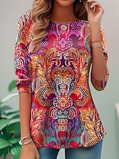 billige Boho t-skjorte-Dame T skjorte Blomstret Grafisk Fritid Langermet Crew-hals Vanlige topper Daglig Trykt mønster Hvit / Svart Svart Blå Oransje Brun Vår Høst