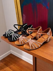 baratos Anos 1920 &amp; Era Gatsby-Sapatos de dança femininos pretos com tiras e strass, estilo anos 20, ideais para festas vintage e dança swing.