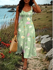 ieftine Rochii florale-Pentru femei Rochie Maxi Rochie A line Rochie cu umeri Vacanță Casual Stiluri de Plajă Petrecere Fit regulat Floral Grafic Fără manșon Pătrat Negru Alb Albastru piscină Trifoi Vară Primăvară