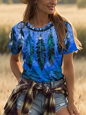 billige Boho t-skjorte-Dame T skjorte Nyanse Grafisk Årgang Stilfull Klassisk Kortermet Crew-hals Rund hals Vanlige topper Daglig Helg Trykt mønster Gul Rød Blå Lilla Grønn Sommer Vår