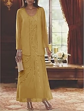 abordables Avec veste-Robe Mère de la Mariée Coupe Deux Pièces à la Plage Invité de Mariage Élégant Étincelle  Brillance Encolure en V Longueur Cheville Chiffon Sequins Manches Longues avec Sequins 2025 taille