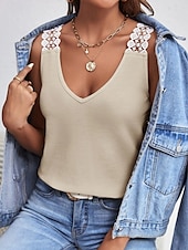 preiswerte Einfaches Tanktop-Damen Camisole-Tanktop Einfarbig Täglich Lässig Ärmellos V Ausschnitt Normale Oberteile Täglich Spitze Patchwork Schwarz Rosa Aprikose Grau Sommer