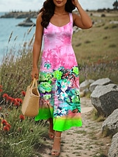 preiswerte Blumenkleider-Damen Maxikleid A Linie Kleid Sommerkleid Schulterfreies Kleid Urlaub Lässig Party Date Normale Passform Blumen Grafik Farbblock Ärmellos Quadrathals Rosa Blau Purpur Sommer Frühling