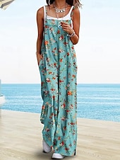 abordables combinaisons décontractées-Femmes Normal Combinaison Occasionnel Fleuri Sans manches Col en U Avec Poches Imprimé Rue Quotidien Coupe régulière Bleu Violet Fuchsia Été