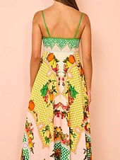 economico abiti stampati in cotone e lino-Per donna Abito Lungo Maxi Abito Abiti in cotone e lino Vestito Casual Abito Sottoveste Moda All&#039;aperto Feste Ferie Vestibilità regolare Frutta Senza Maniche Spalline sottili Giallo Estate