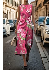 preiswerte Druck Blumen Kleider-Damen Midikleid Freizeitkleid Trägerkleid Sommerkleid Mode Modern Täglich Date Wochenende Normale Passform Blumen Ärmellos Rundhalsausschnitt Rote Rose Grau Sommer