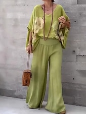 economico Abiti da donna con camicetta-Per donna Attivo Camicie di cotone e lino Blusa Set di Pantaloni Mezza Manica Scollo a V Stampa Stampato Vacanza Ferie Blu marino Viola Marrone Estate Vestibilità regolare