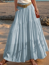 abordables concevoir des robes en coton et lin-Femmes Taille Asiatique Évasé Jupes en lin Occasionnel Été Midi Taille haute Jupes Couleur Unie Froncé Plissé Avec Poches Élastique Vacances Quotidien Vin Rouge pastèque Moutarde verte couleur orange