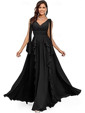 baratos Vestidos de Noite-Vestidos de Quinceanera A-Line Vestido Elegante Performance Natal Comprimento do Chão Sem Mangas Decote V Chiffon Costas Nuas com Pregas