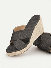 olcso Nyári szandálok-női fekete csillámos keresztpántos espadrille ékszandál – kényelmes, üdülőhelyre kész papucsok tengerparti nyaraláshoz