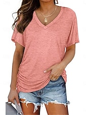 billige Plain t-skjorte-Dame Bluse Helfarge Stilfull Fritid Kortermet V-hals Vanlige topper Daglig Hvit Rosa Lilla Grå Sommer