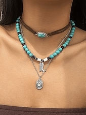 cheap Women&#039;s Necklace-Women&#039;s Western Layered Turquoise Beaded Necklace Set – Boho Statement Jewelry with Cactus &amp; Teardrop Charms, Ideal for Festivals, Country Concerts and Casual Wear