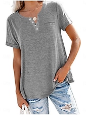 cheap Plain tee-Women&#039;s Blouse Solid Color Stylish Casual Short Sleeve V Neck Regular Tops Daily Buttons Pocket Pink Wine Blue Khaki Gray Summer