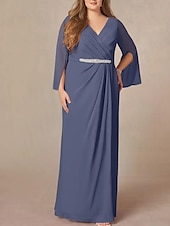 preiswerte Bodenlänge-A-Linie Brautmutterkleid Hochzeitsgast Elegant V Ausschnitt Bodenlang Chiffon Spitze Langarm mit Falten Perlenstickerei Raffung 2025