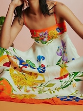ieftine rochii imprimate din bumbac si in-Pentru femei Rochie Lunga Rochie Maxi Rochii de in bumbac Rochie casual Modă În aer liber Petrecere Concediu Fit regulat Floare Fără manșon Bretele Spagheti Portocaliu Vară